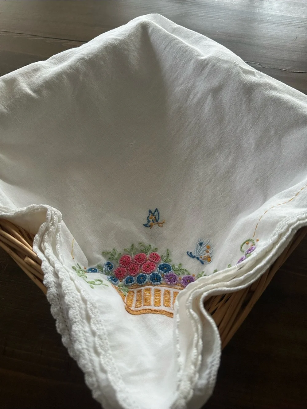 Vintage Hand Embroidered Bread Basket Liner Floral Butterfly Crochet Edge